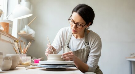 Woman is painting a pottery piece