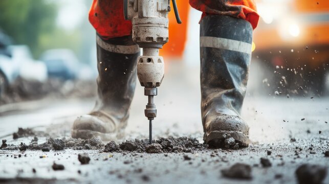A detailed close-up of a construction worker using a pneumatic drill to bore holes for anchor bolts in a concrete foundation slab, Anchor bolt installation scene, Industrial construction style