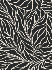 Seamless black and grey floral background with leaves. Hand drawn minimal abstract organic shapes pattern. Vector black abstact pattern with grey leaves and flowers.