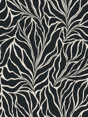 Seamless black and grey floral background with leaves. Hand drawn minimal abstract organic shapes pattern. Vector black abstact pattern with grey leaves and flowers.
