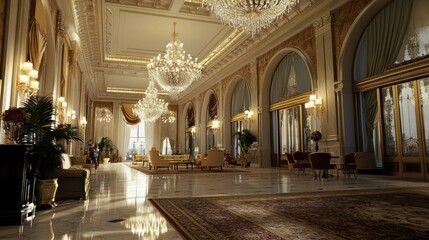 Fototapeta premium Grand Palace Interior: Opulent Hallway with Crystal Chandeliers