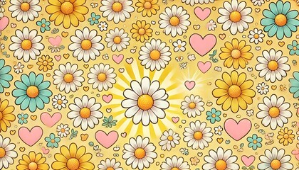 Sunny yellow backdrop featuring a repeating pattern of daisies and pastel pink hearts for a cheerful vibe.