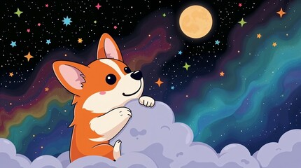 Dreamy cute brown corgi puppy sits on puffy white cloud looks at the colorful night starry sky