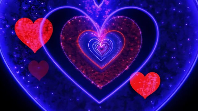 Rotating red heart icons, textured surfaces, abstract shapes, random scatter, black background, 360-degree video, blue, purple, subtle internal light
