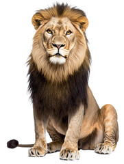 Lion with a long mane and a black tail is sitting on a white background