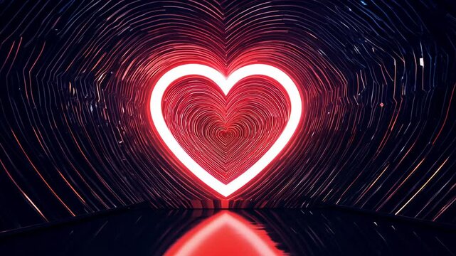 Zoom in on a red heart icon with fine lines, forming a complex geometric pattern on a dark, reflective surface, rim light, bright outline defines the shape