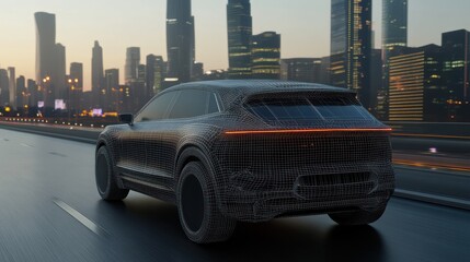 Wireframe SUV in a cityscape at dusk.
