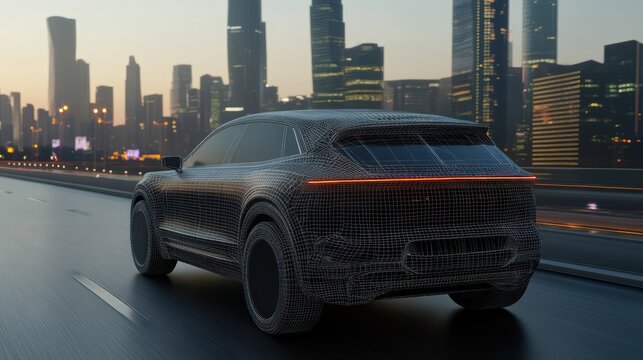 Wireframe SUV in a cityscape at dusk.