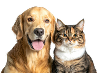Fototapeta premium Dog and a cat are sitting next to each other on a white background