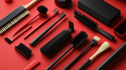 Assorted brushes on a vibrant red background.
