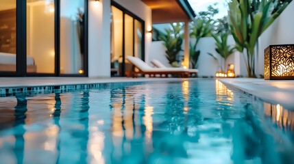 Poolside bungalow with tropical decor, soft sunset lighting, generous space for marketing text, warm and welcoming atmosphere