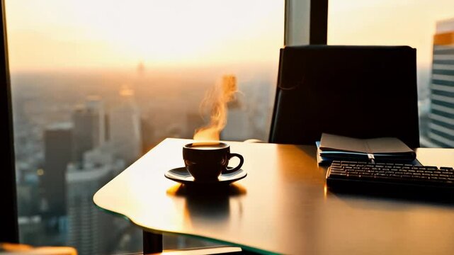 Sunrise Coffee Break: Cityscape View from a Modern Office