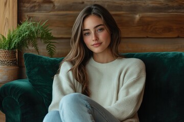 A young woman with long brown hair sits on a green velvet couch in a rustic wooden room.