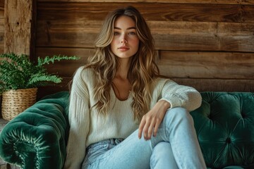 A young woman with long wavy hair sits on a green velvet couch in a rustic wooden room.