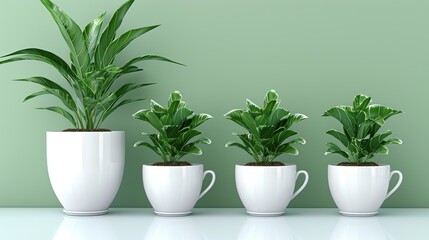Fototapeta premium Four White Ceramic Pots with Lush Green Indoor Plants Arranged Neatly Against a Soft Green Wall, Exuding a Sense of Modern Serenity and Indoor Gardening Elegance