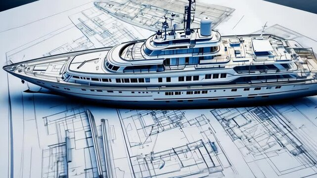 Detailed architectural plans of a luxury yacht beside an intricate model showcasing modern maritime design elements