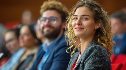 Fototapeta premium A group of diverse young professionals attentively listening and engaging during a dynamic conference session in a modern setting, embodying collaboration and innovation