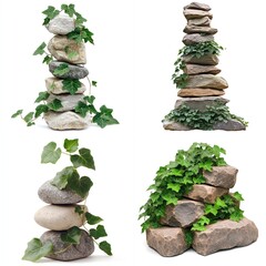 Four images of rock piles with ivy.