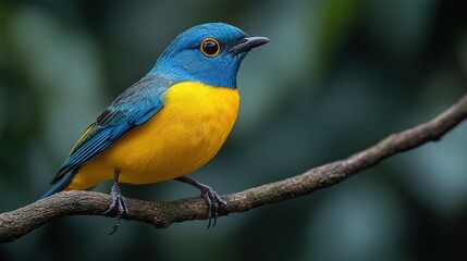 Vibrant blue and yellow bird perched on a branch in a lush green forest, showcasing nature's beauty