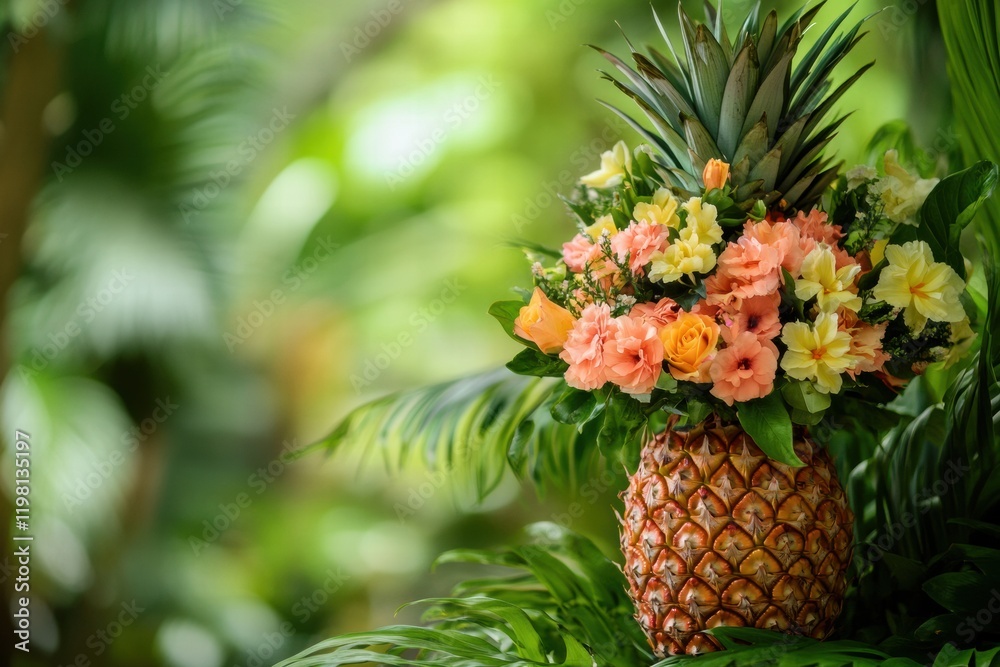 Aufkleber pineapple centerpiece adorned with colorful flowers surrounded by lush greenery in a tropical settin