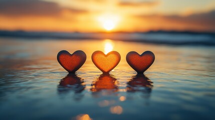 Fototapeta premium Three heart-shaped stones gleam warmly under the soft hues of a vibrant sunset on a tranquil beach, with gentle waves reflecting the glowing light.