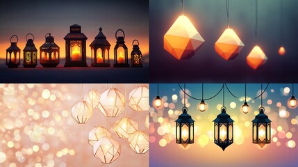 Lantern, lights, bokeh, sunset, geometric, hanging, illumination, glow, warm.