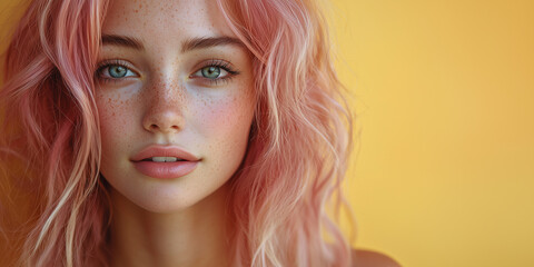 Fototapeta premium a realistically beautiful girl , beautifully styled hair, place for text, yellow and pink, pastels colors background