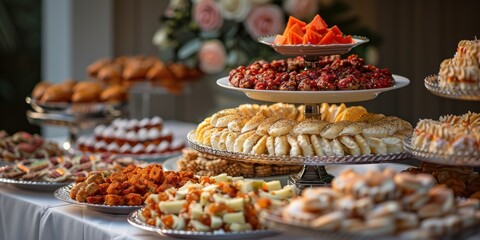 A Lavish Display of Delectable Assorted Pastries and Exquisite Baked Treats Elegantly Arranged on Tiered Serving Platters at a Sophisticated Event Setting
