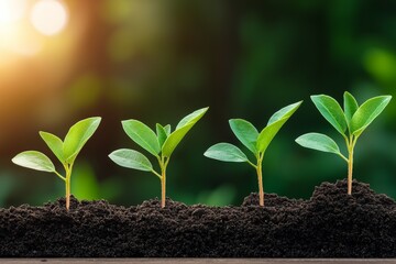 Row of young plants are growing in the dirt