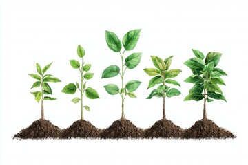 Row of five small plants are growing in the dirt