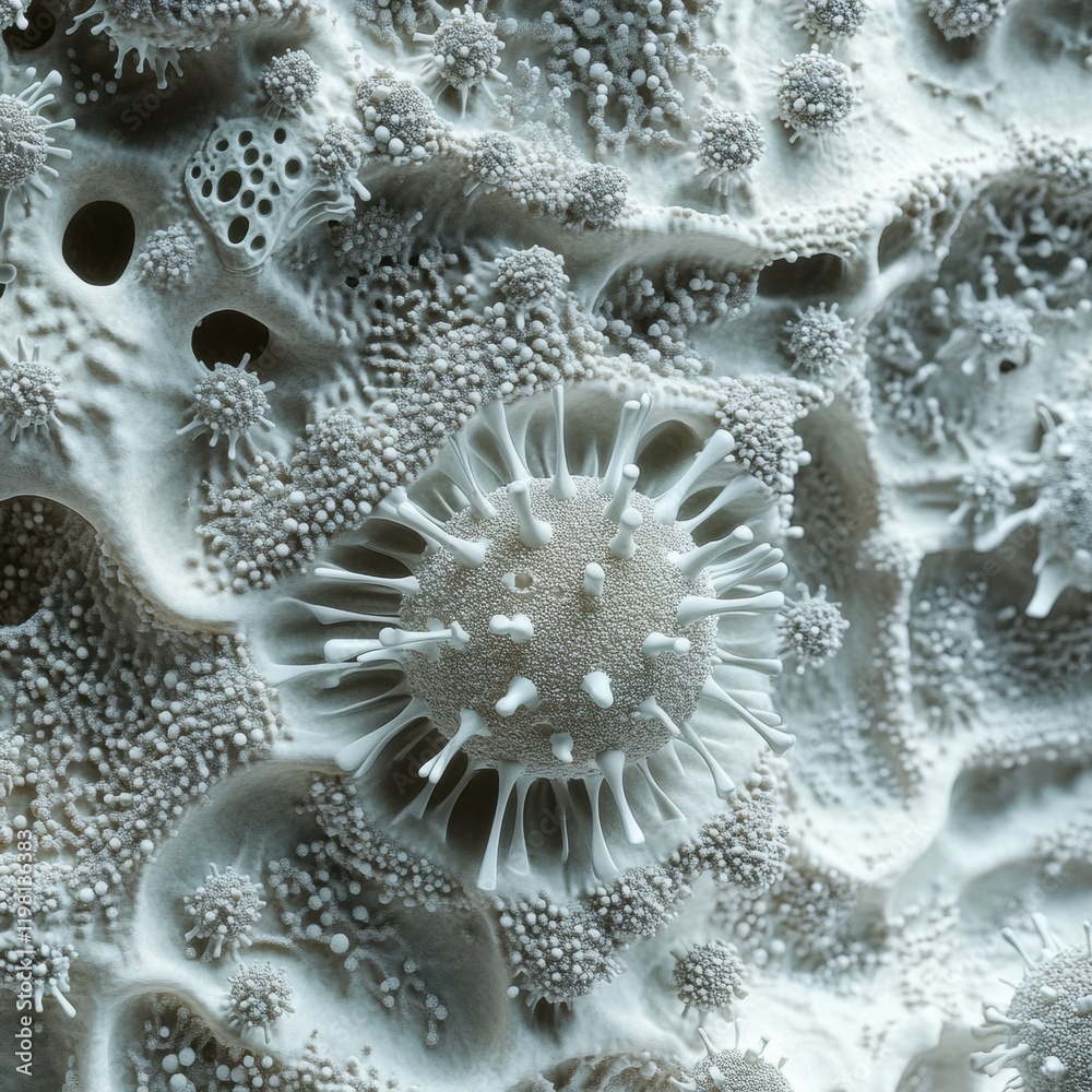 Poster Dense microbial layer showcasing diverse structures and formations found in natural environments. Generative AI