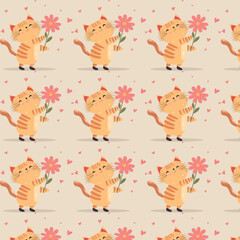 Cute cat holding a flower with hearts seamless pattern,pattern with cats and hearts on beige background,Valentine's Day concept