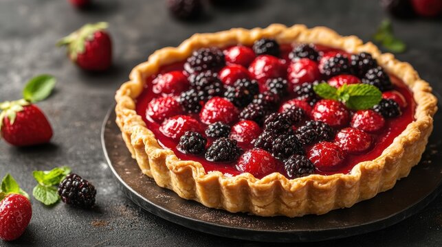 A delectable mixed berry tart elegantly showcases a medley of strawberries and blackberries garnished with mint, placed on a rustic dark surface.