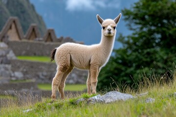 Fototapeta premium Baby llama stands on a grassy hillside