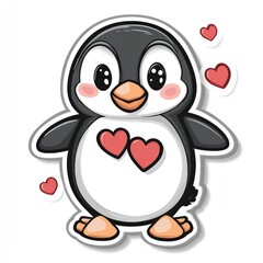 Cute cartoon penguin, hearts, love, white background, Valentine's Day card