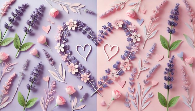 Pastel lavender and pink backdrop with intertwined hearts and lavender blossoms creating cohesive theme.