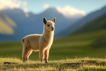Fototapeta premium Baby llama stands in a grassy field with mountains in the background