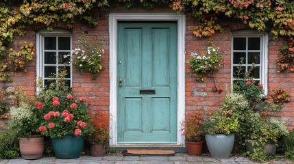 Charming turquoise door framed by vibrant flowers and greenery on a rustic brick wall