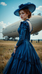 Historical Reconstruction: Aristocratic Girl in Blue with Airship Backdrop