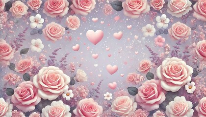 Dreamy lavender background with pink roses and floating pastel hearts in seamless floral pattern.