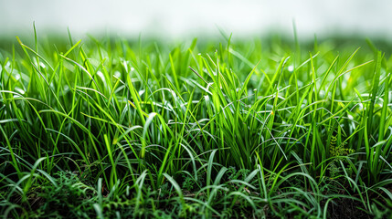Obraz premium Lush green field with dew on the grass. The grass is tall and the dew is glistening in the sunlight. The scene is peaceful and serene, with the grass providing a natural and calming backdrop