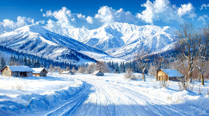Winter Wonderland: Serene Snow-Covered Mountains and Cozy Cabins. A breathtaking landscape photography, perfect for desktop or phone wallpaper.
