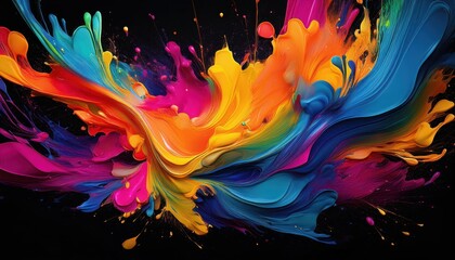 Vibrant Abstract Art Colorful Paint Splash on Black Backdrop with Striking Textures and Dynamic Patterns Perfect for Modern Backgrounds