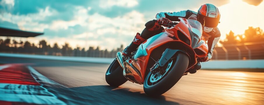High-Speed Motorcycle Racing Action on a Curved Track at Sunset Showcasing Extreme Skill and Precision on a Powerful Sports Bike