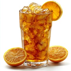 Refreshing Iced Tea with Orange: A Perfect Summer Drink. This image showcases a tall glass of iced tea with orange slices, perfect for a hot summer's day.