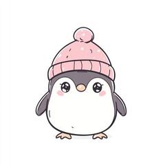 Cute penguin wearing a pink hat, standing on a white background, for children?s book illustrations