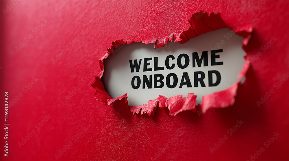 Fototapete torn paper with welcome onboard text on red background for mockup design
