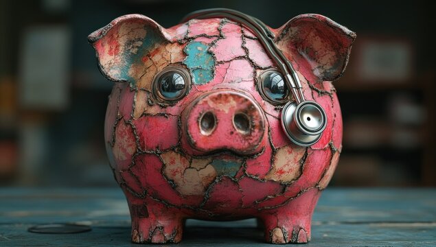 Melancholic Piggy Bank Economic Crisis Financial Checkup Savings Review Inflation Debts Retirement Bankruptcy
