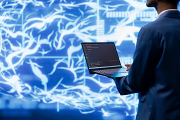 System administrator working on laptop, programming artificial intelligence computing simulating...