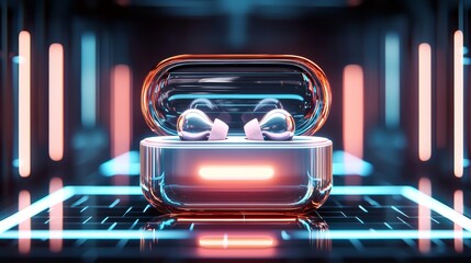 Naklejka premium Open charging case with earbuds, soft neon lighting, high-tech atmosphere